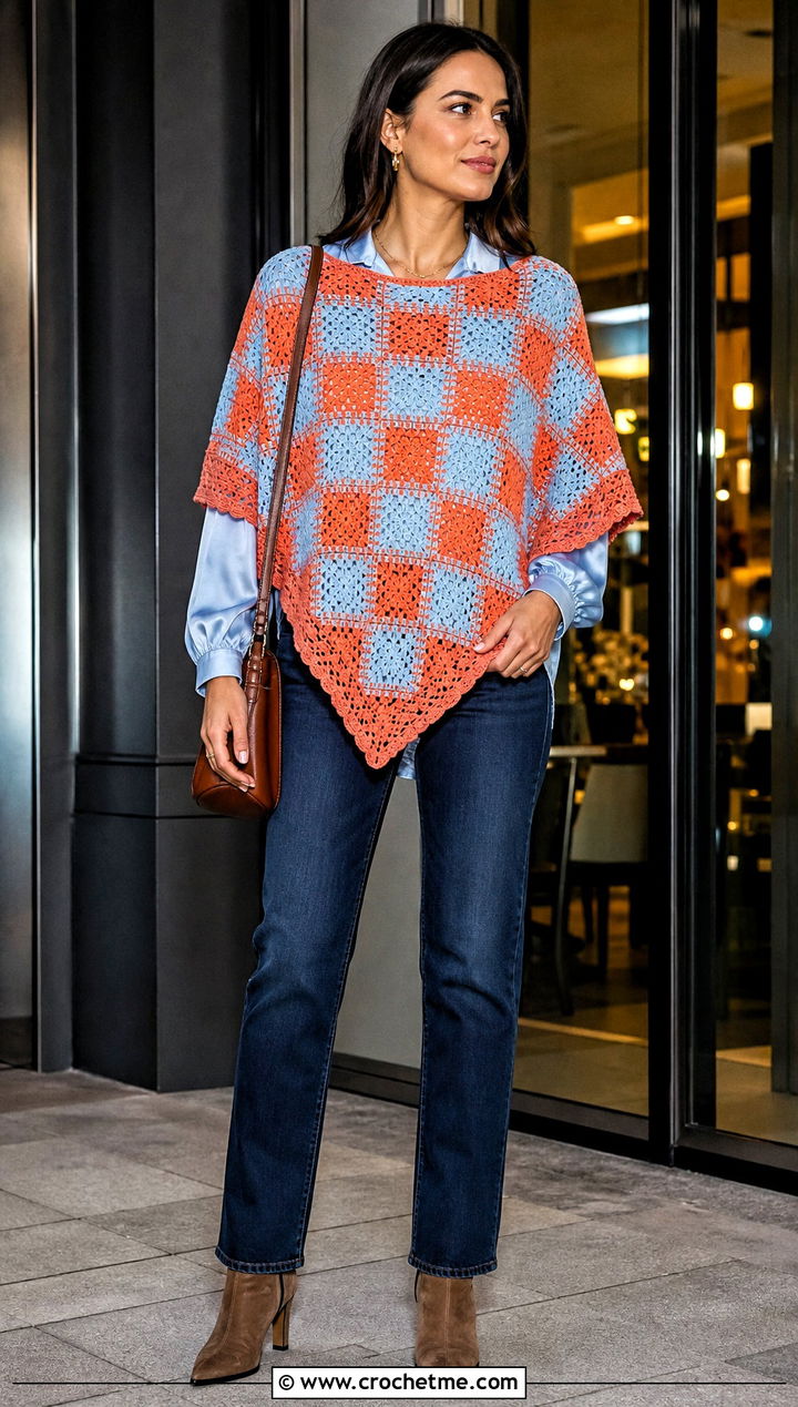Mini Square Granny Square Poncho With Dark Wash Jeans - 35 granny square poncho outfit ideas