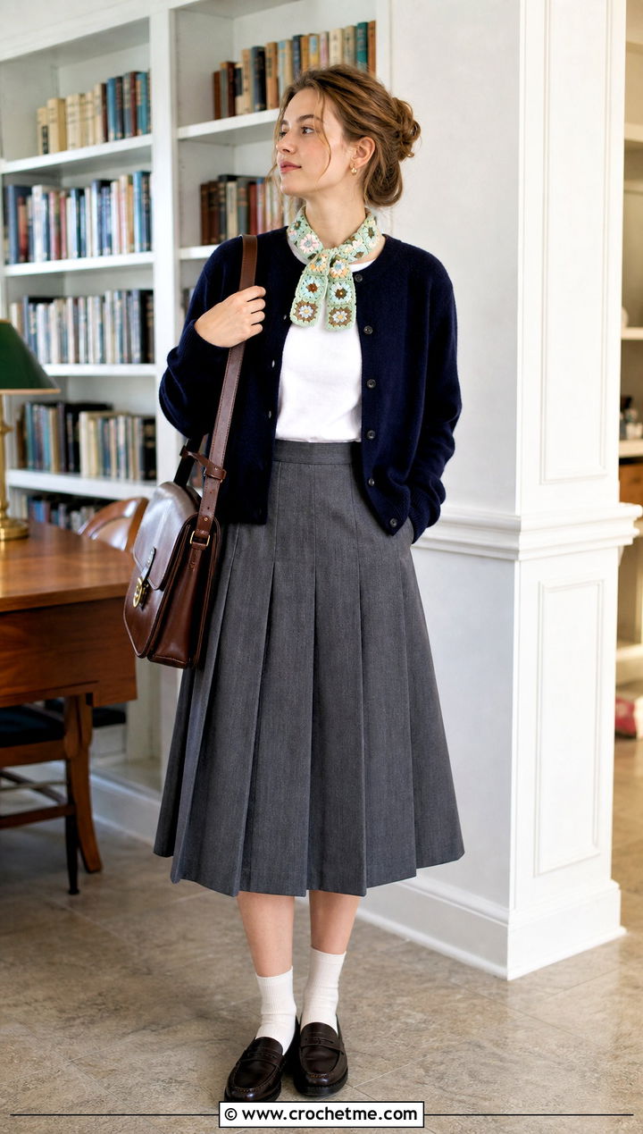 Mini Square Granny Square Scarf With Cardigan and Pleated Skirt - 25 granny square scarves outfit ideas