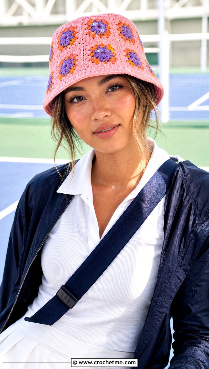 Mini Square Panel Bucket Hat With Tennis Skirt - 30 crochet square hat outfit ideas