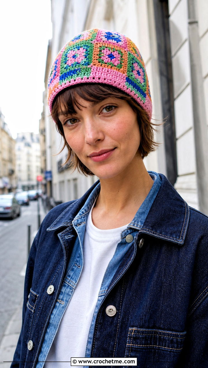 Mini Square Patchwork Crochet Beanie With Double Denim Outfit - 30 granny square crochet beanie outfit ideas