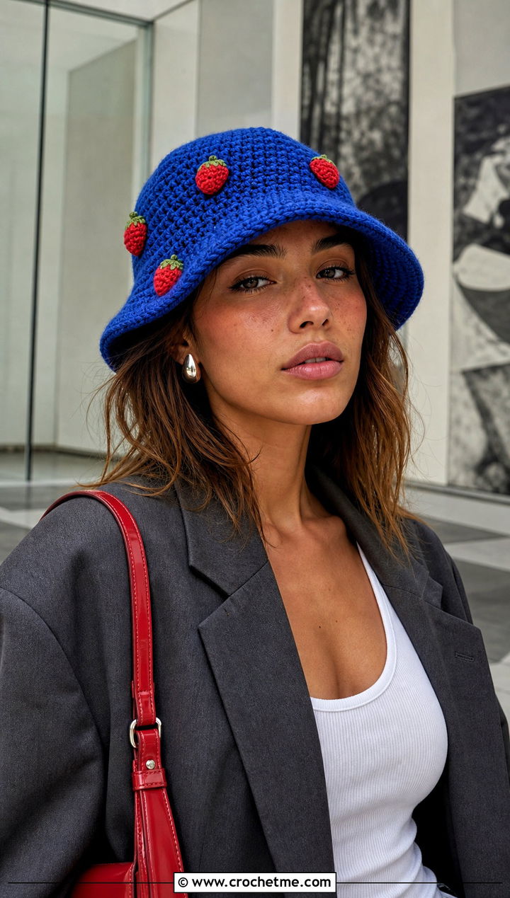Mini Strawberry Applique Crochet Bucket Hat With Blazer - 15 strawberry crochet bucket hat outfit ideas