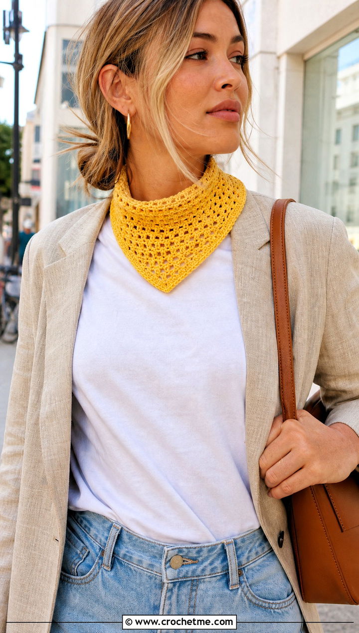 Mini Triangle Crochet Neckerchief With Blazer And Jeans - 15 Small Neck Crochet Scarf outfit ideas