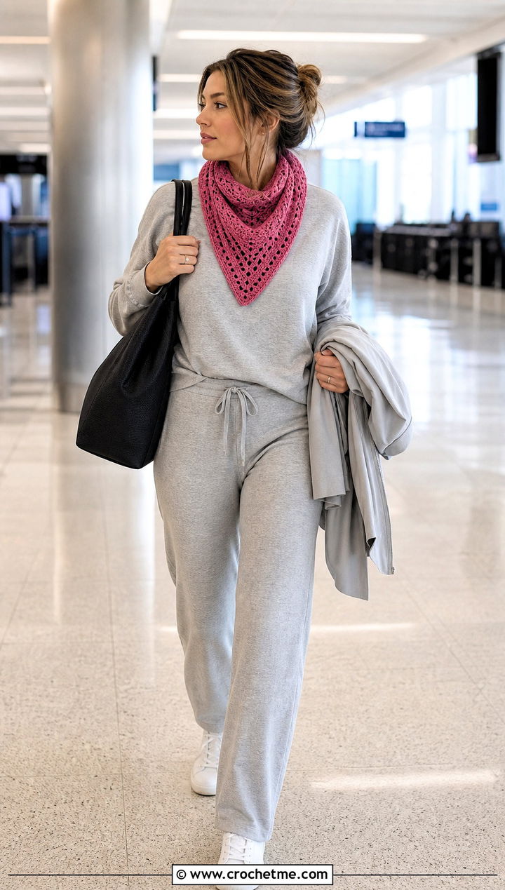 Mini Triangle Shawl With Airport Lounge Set - 35 Easy Simple Crochet Triangle Shawl outfit ideas