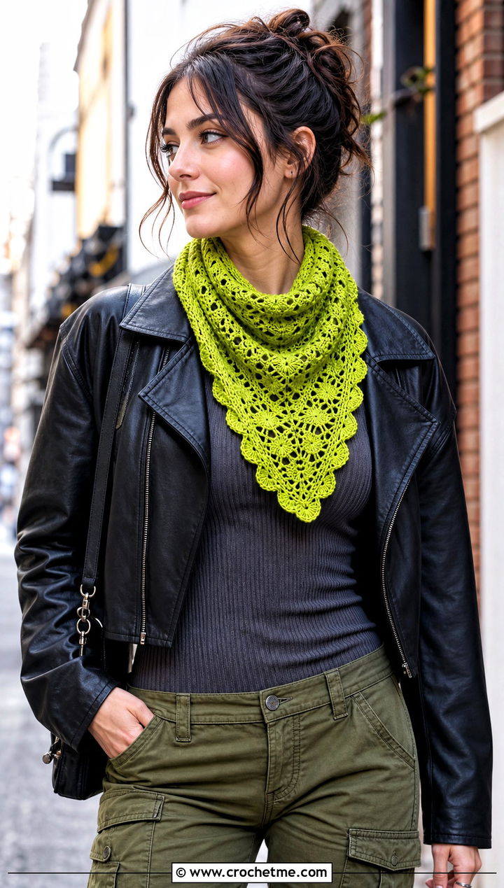 Mini Triangle Virus Shawl With Leather Jacket - 35 crochet virus shawl outfit ideas