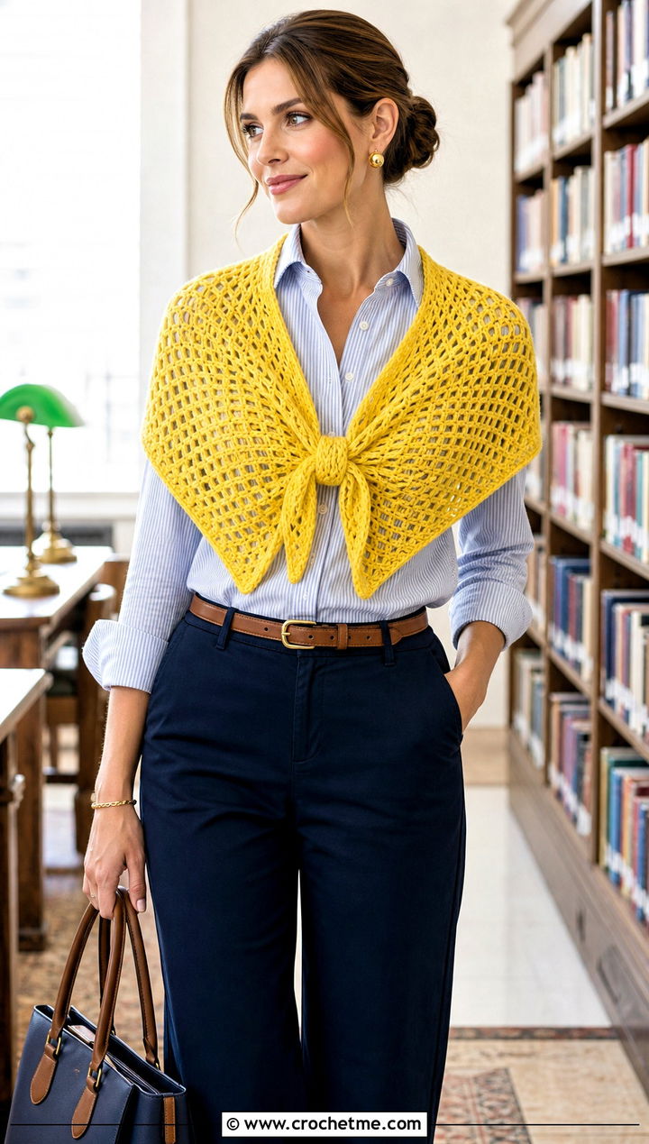 Mini Virus Shawlette With Button Down Shirt And Chinos - 15 crochet virus shawls outfit ideas