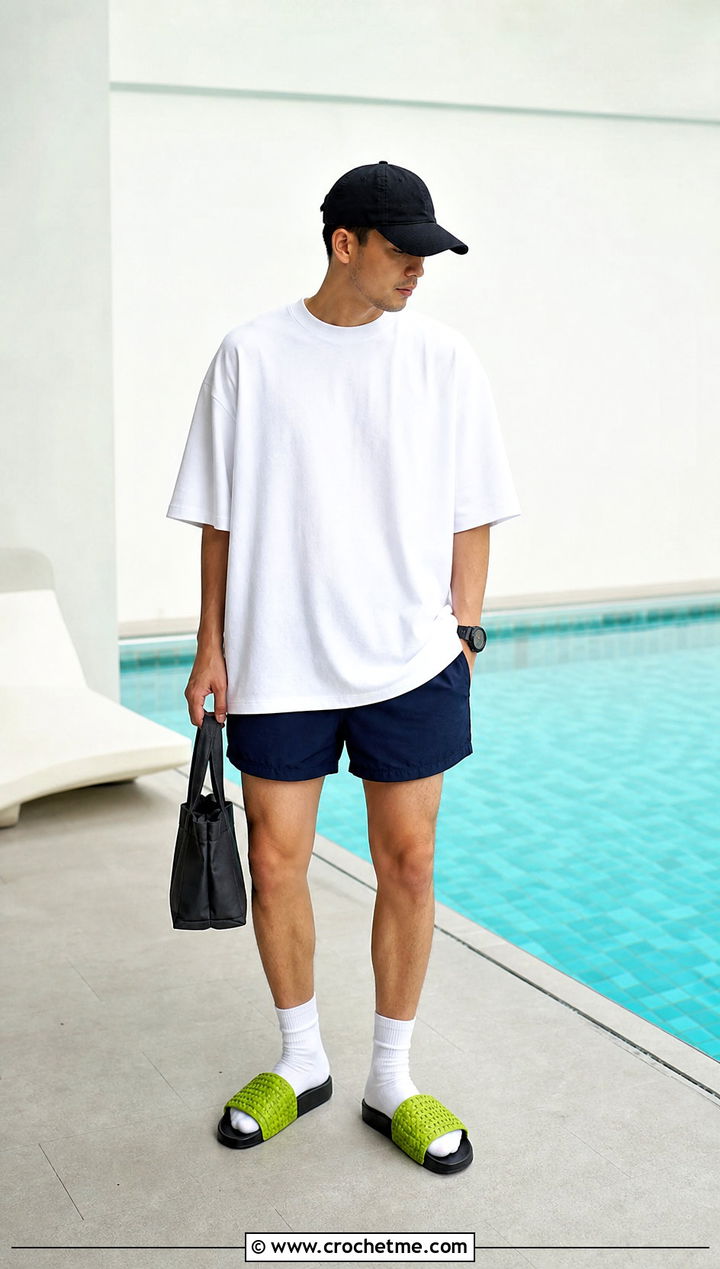 Minimal Crochet Slides With Oversized Tee and Shorts - 35 mens crochet slippers outfit ideas
