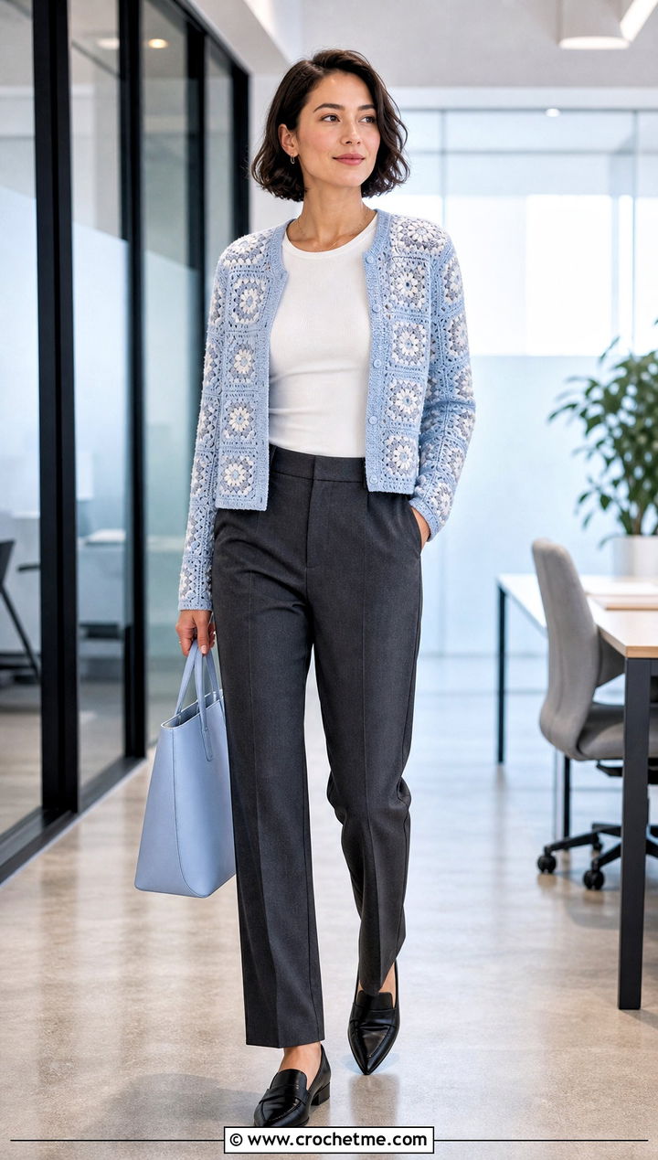Minimal Granny Square Cardigan With Office Pants - 30 granny squares cardigan outfit ideas