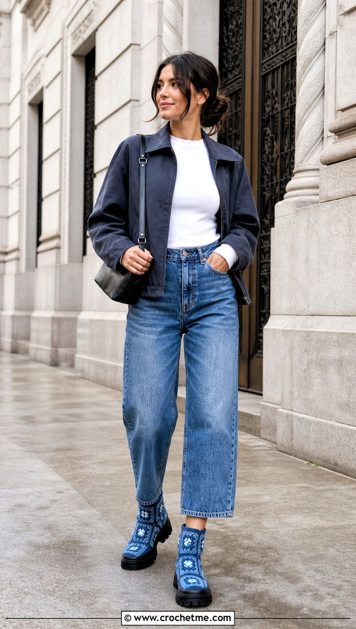 Minimal Granny Square Lug Sole Boots With Barrel Jeans - 25 granny square boots outfit ideas