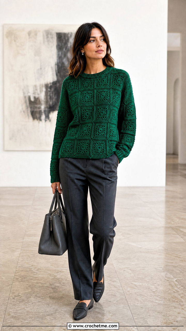 Minimal Granny Square Pullover With Monochrome Trousers - 35 crochet granny square pullover outfit ideas