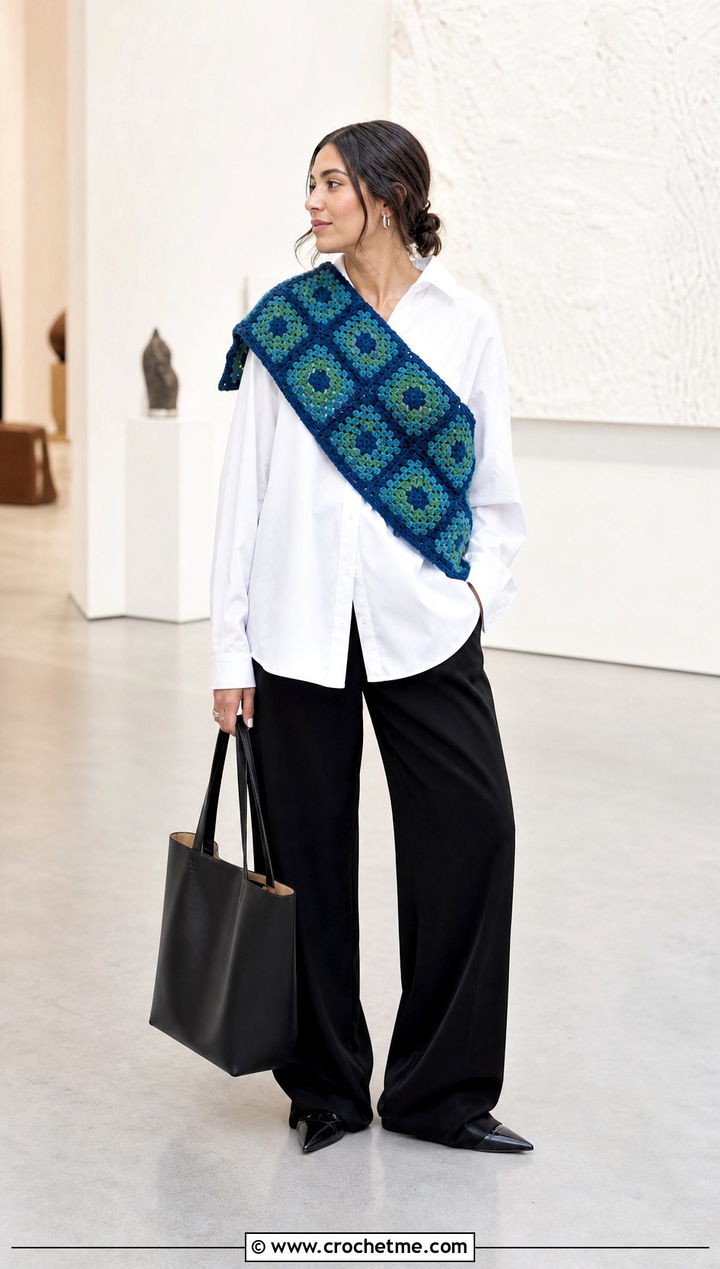 Minimal Granny Square Shawl With White Shirt And Black Trousers - 35 granny square shawl outfit ideas