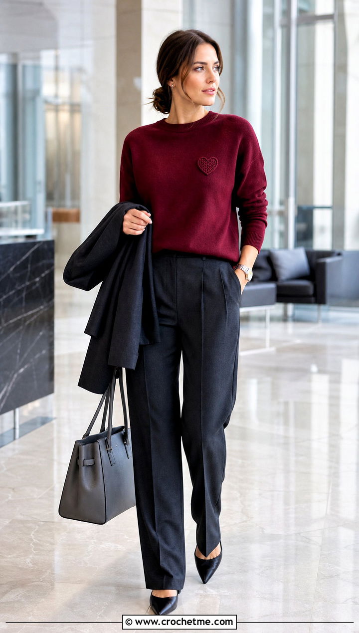 Minimal Heart Jumper With Suit Trousers - 30 crochet heart jumper outfit ideas