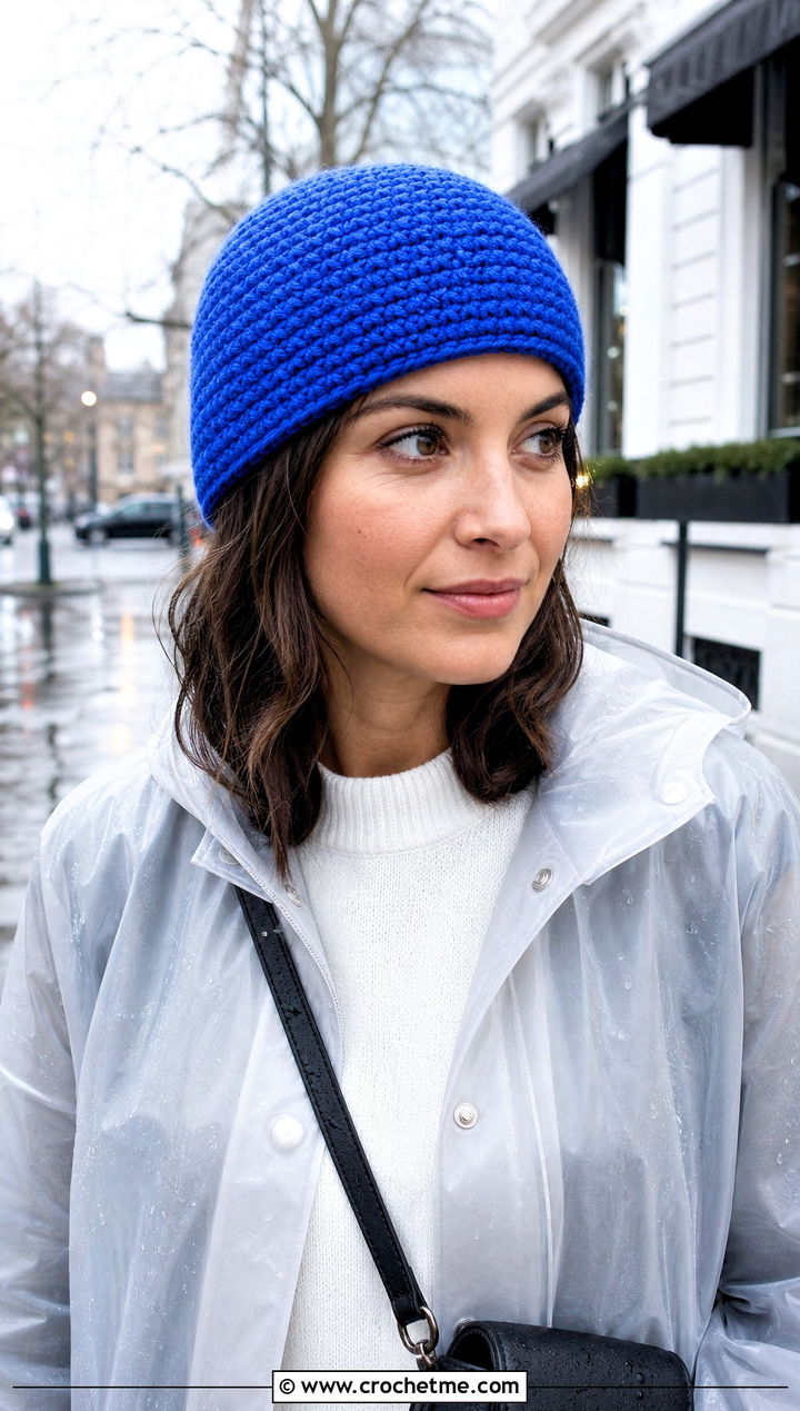 Minimal Knit Look Crochet Beanie With Raincoat - 30 knit look crochet beanie outfit ideas