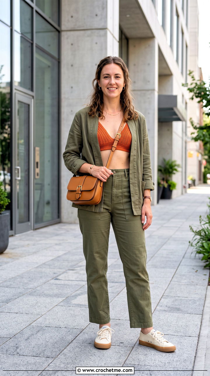 Minimal Triangle Crochet Top With Utility Pants - 25 Triangle Crochet Top outfit ideas