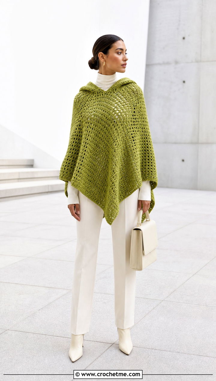 Minimalist Crochet Poncho With Hood And Monochrome Basics - 35 crochet poncho with hood outfit ideas