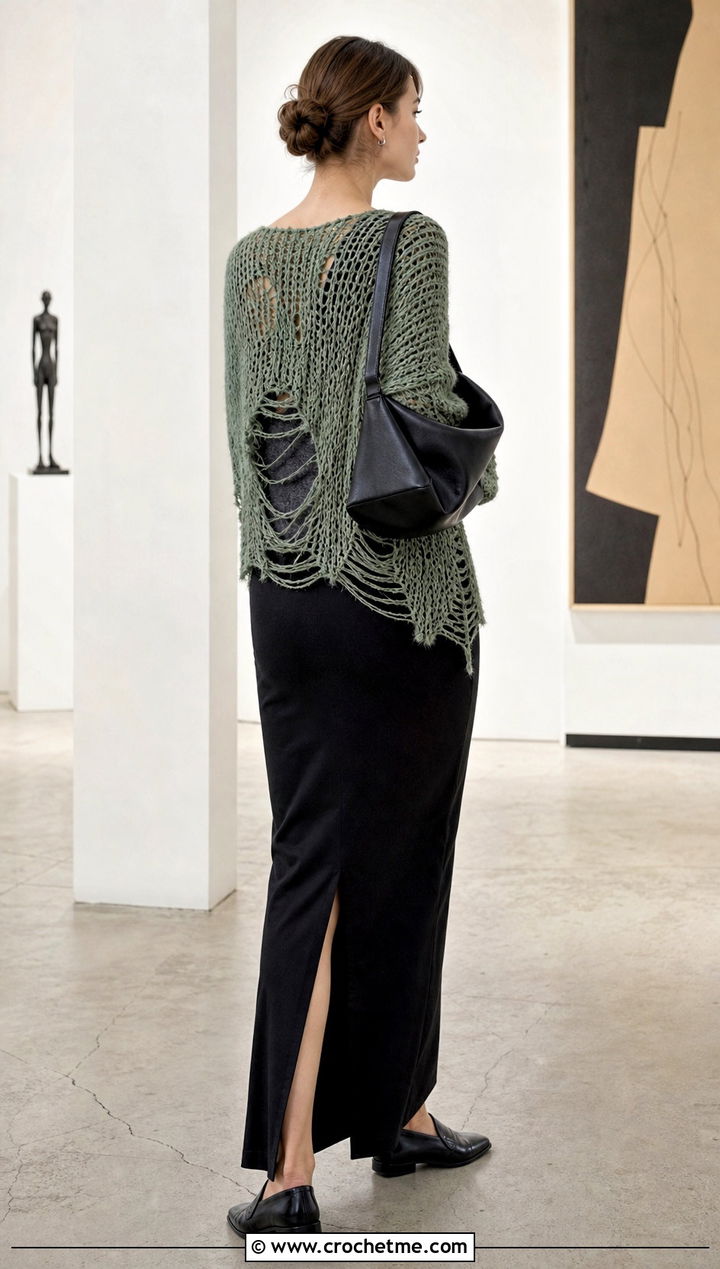 Minimalist Distressed Crochet Sweater With Column Maxi Skirt - 35 distressed crochet sweater outfit ideas