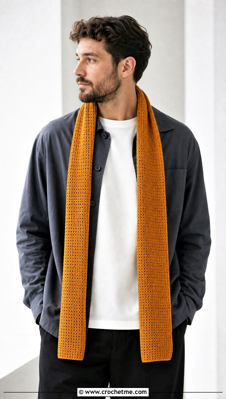 Minimalist Longline Crochet Scarf With Overshirt - 30 Mens Crochet Scarf outfit ideas