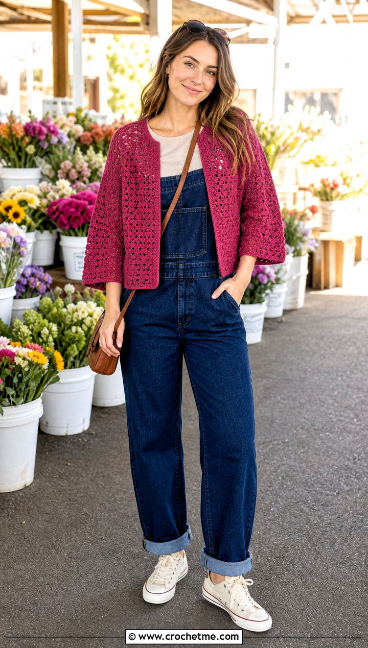 Minimalist Solid Hex Crochet Cardigan With Overalls - 35 hex crochet cardigan outfit ideas