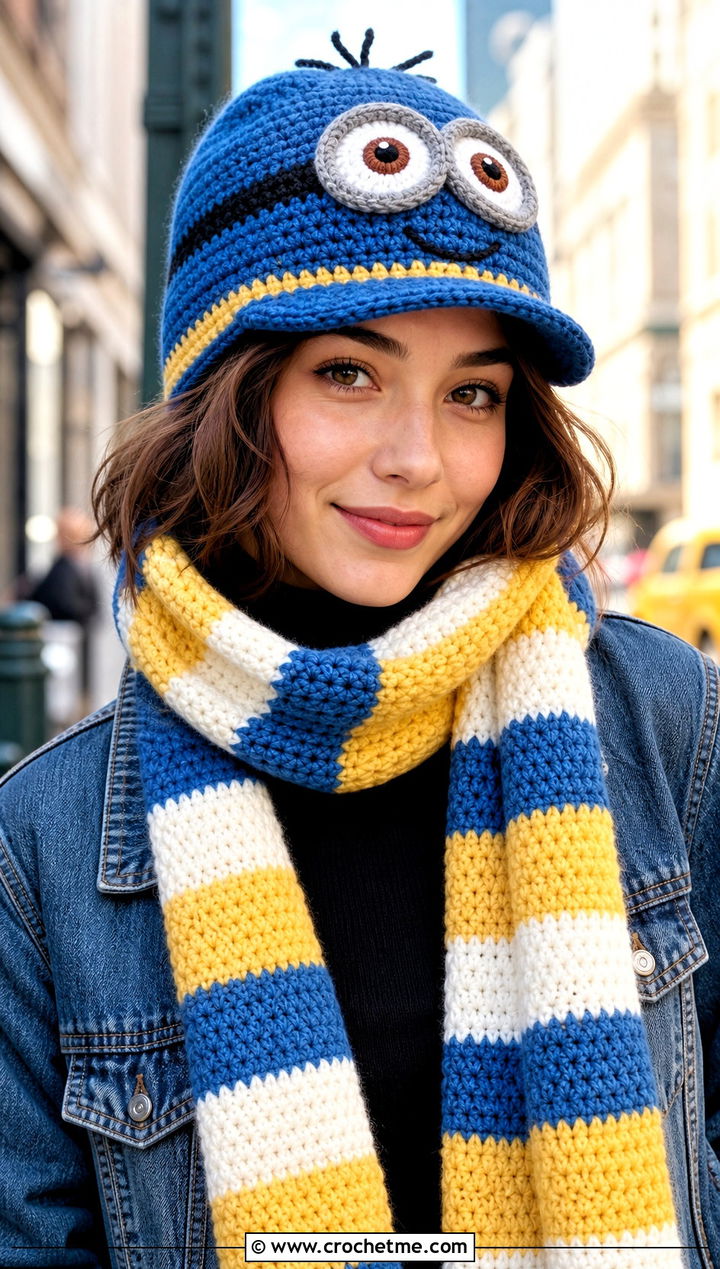Minion Brimmed Beanie And Striped Scarf With Denim Jacket - 15 minion-themed crochet hat and scarf outfit ideas