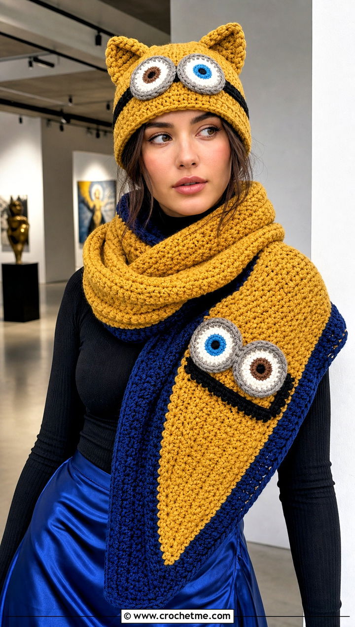 Minion Cat Ear Beanie And Oversized Wrap Scarf With Satin Skirt - 15 minion-themed crochet hat and scarf outfit ideas