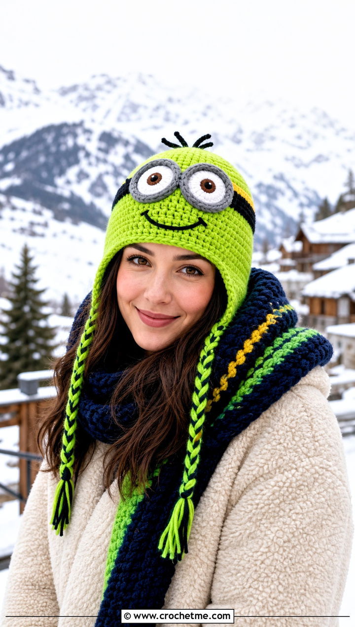 Minion Chullo Hat And Hooded Scarf With Teddy Coat - 15 minion-themed crochet hat and scarf outfit ideas