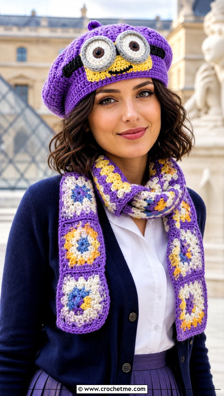 Minion Crochet Beret And Granny Square Scarf With Pleated Skirt - 15 minion-themed crochet hat and scarf outfit ideas