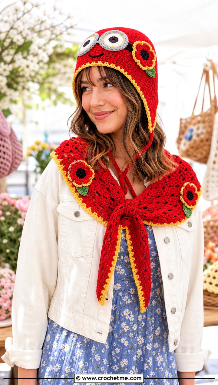 Minion Crochet Bonnet And Triangle Scarf With Floral Dress - 15 minion-themed crochet hat and scarf outfit ideas