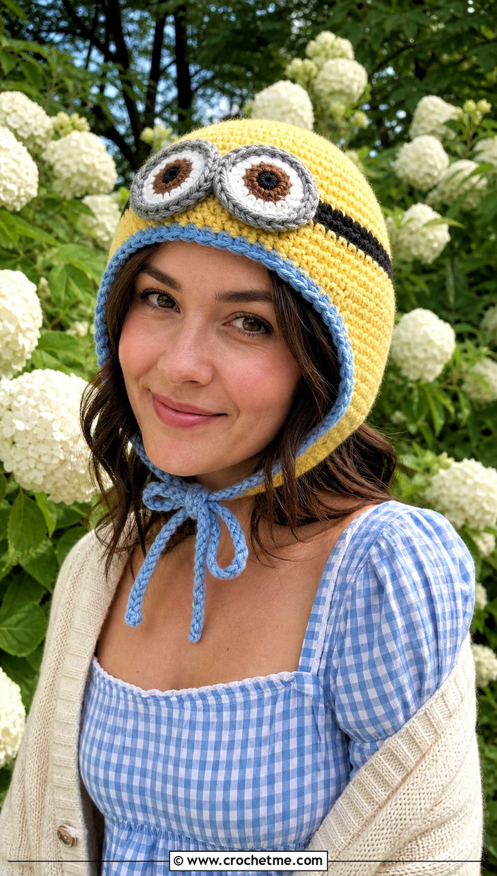 Minion Crochet Bonnet With Cottagecore Dress - 15 Minion Crochet Hat outfit ideas
