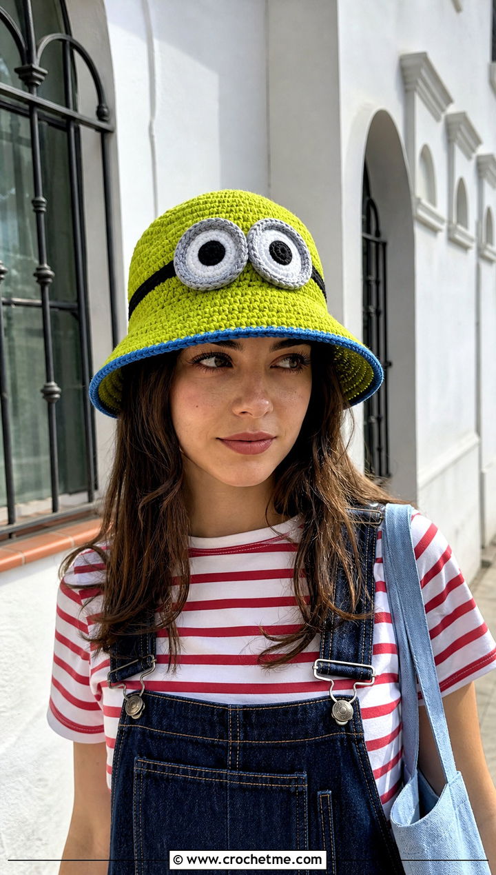 Minion Crochet Bucket Hat With Denim Overalls - 15 Minion Crochet Hat outfit ideas