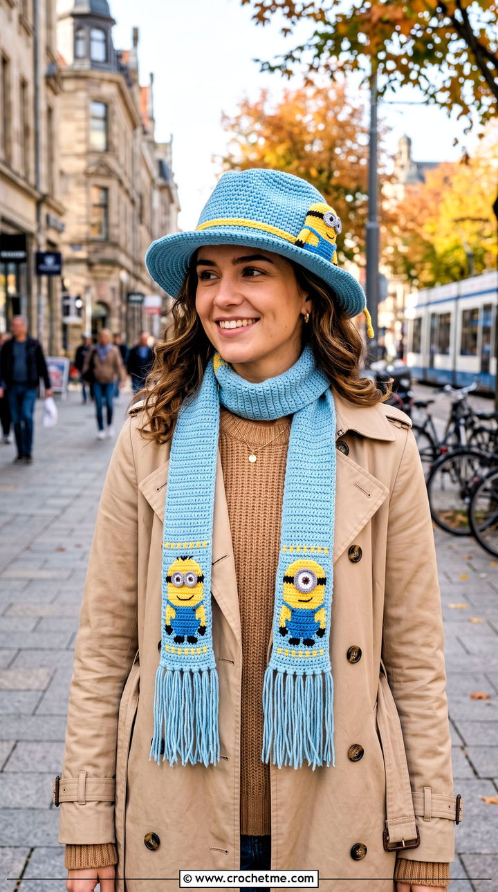 Minion Crochet Fedora And Fringed Scarf With Trench Coat - 15 minion-themed crochet hat and scarf outfit ideas