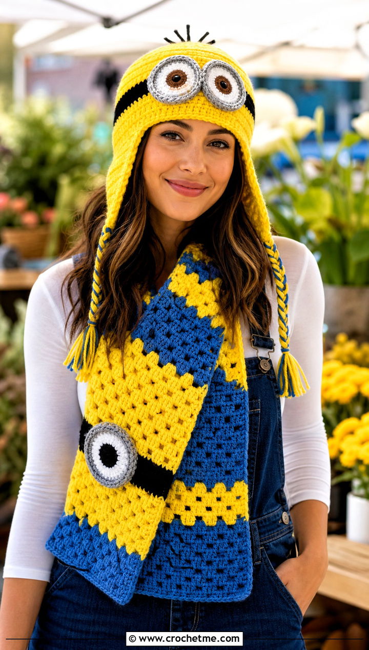 Minion Earflap Beanie And C C Scarf With Denim Overalls - 15 minion-themed crochet hat and scarf outfit ideas