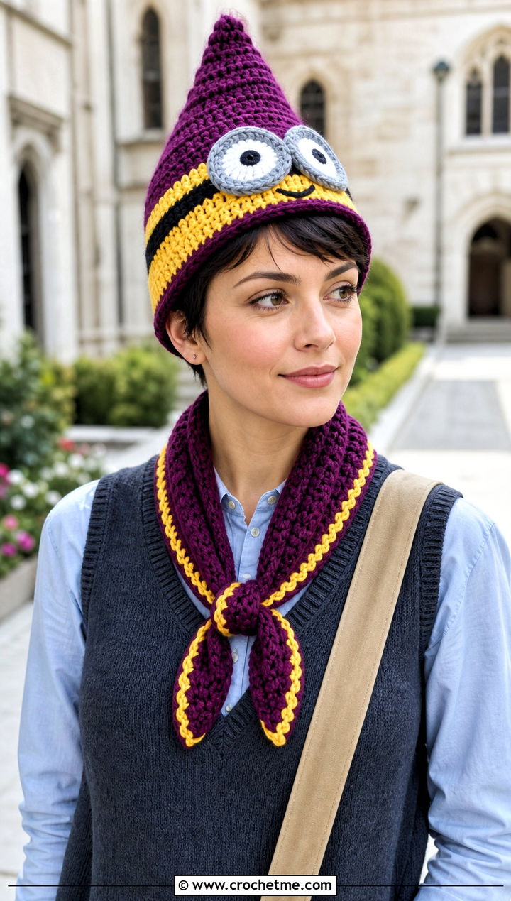Minion Pixie Hat And Neckerchief Scarf With Sweater Vest - 15 minion-themed crochet hat and scarf outfit ideas