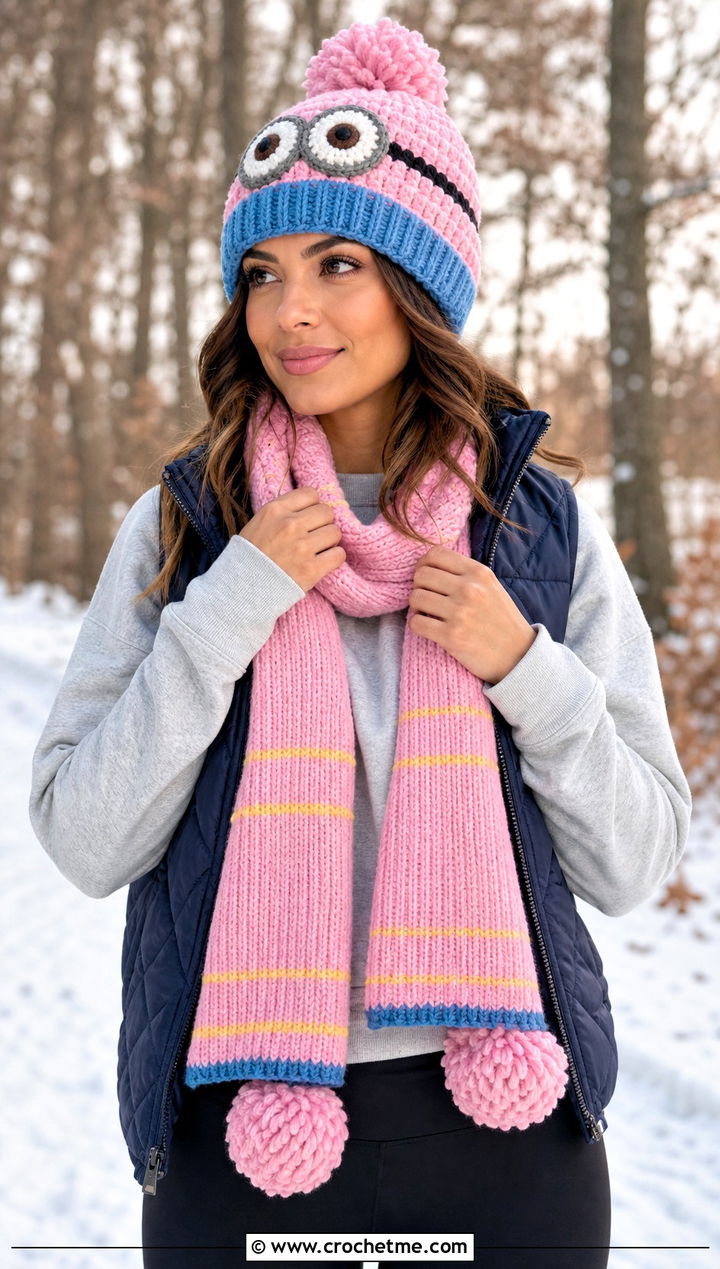 Minion Pom Pom Beanie And Ribbed Scarf With Athleisure - 15 minion-themed crochet hat and scarf outfit ideas