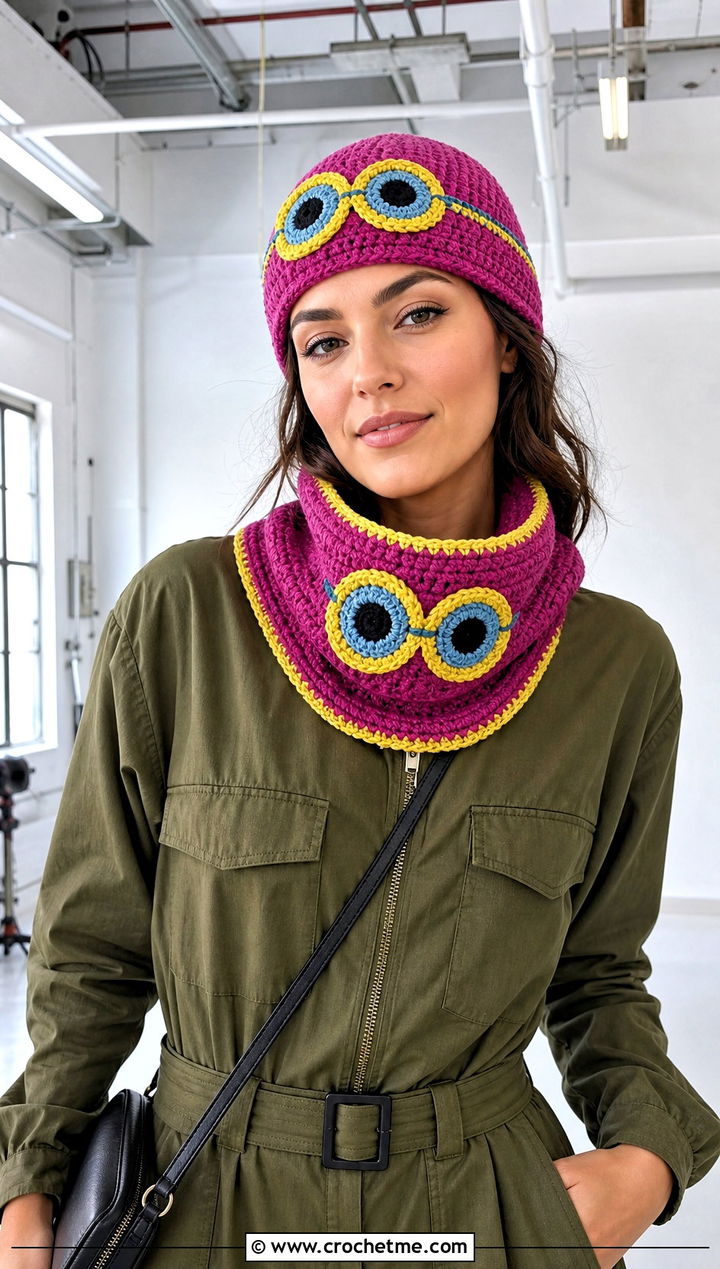 Minion Skull Cap And Crochet Cowl With Utility Jumpsuit - 15 minion-themed crochet hat and scarf outfit ideas