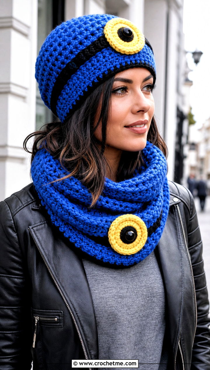 Minion Slouchy Beanie And Infinity Scarf With Leather Jacket - 15 minion-themed crochet hat and scarf outfit ideas