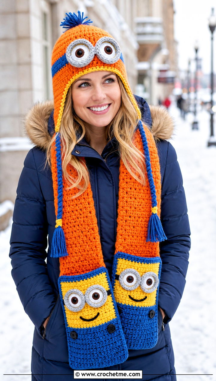 Minion Trapper Hat And Pocket Scarf With Puffer Coat - 15 minion-themed crochet hat and scarf outfit ideas