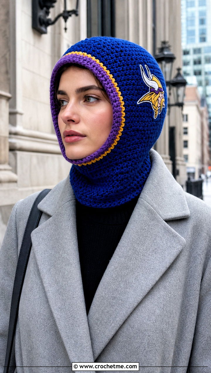 Minnesota Vikings Crochet Balaclava Hat With Tailored Overcoat - 25 crochet minnesota vikings hat outfit ideas