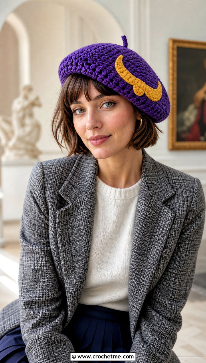 Minnesota Vikings Crochet Beret With Tweed Blazer And Pleated Skirt - 25 crochet minnesota vikings hat outfit ideas