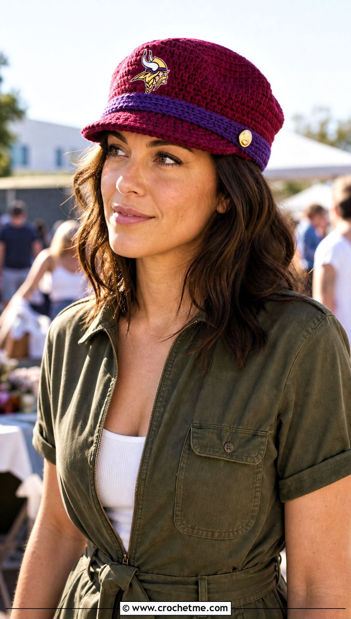 Minnesota Vikings Crochet Newsboy Cap With Utility Jumpsuit - 25 crochet minnesota vikings hat outfit ideas