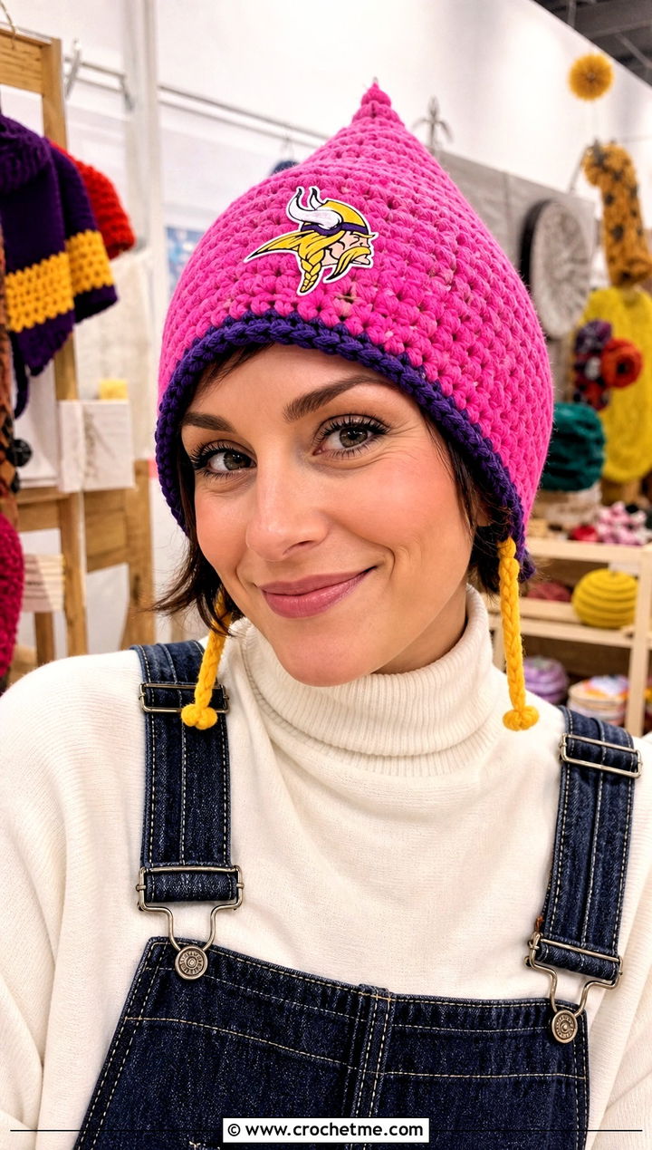 Minnesota Vikings Crochet Pixie Hat With Overalls And Turtleneck - 25 crochet minnesota vikings hat outfit ideas