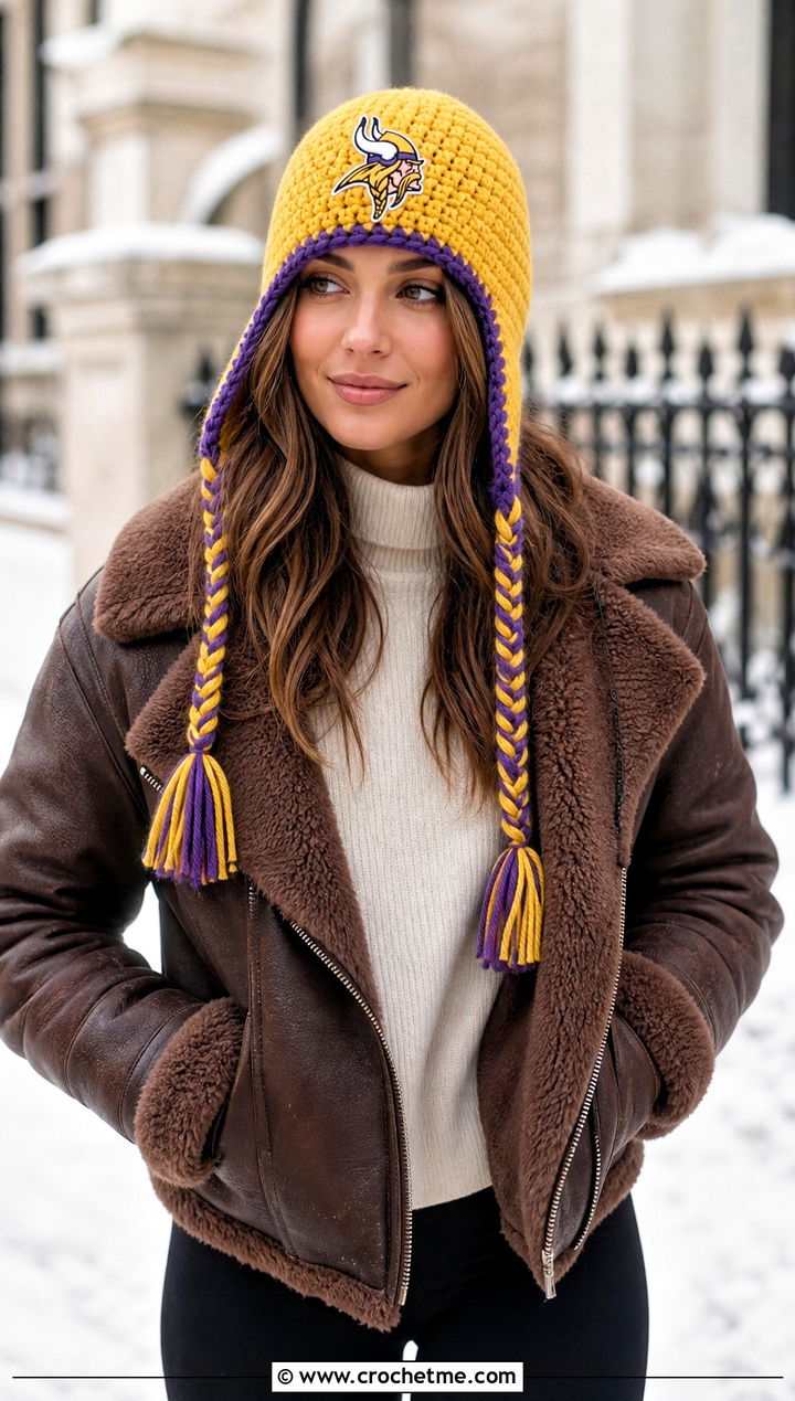 Minnesota Vikings Earflap Hat With Shearling Jacket And Leggings - 25 crochet minnesota vikings hat outfit ideas