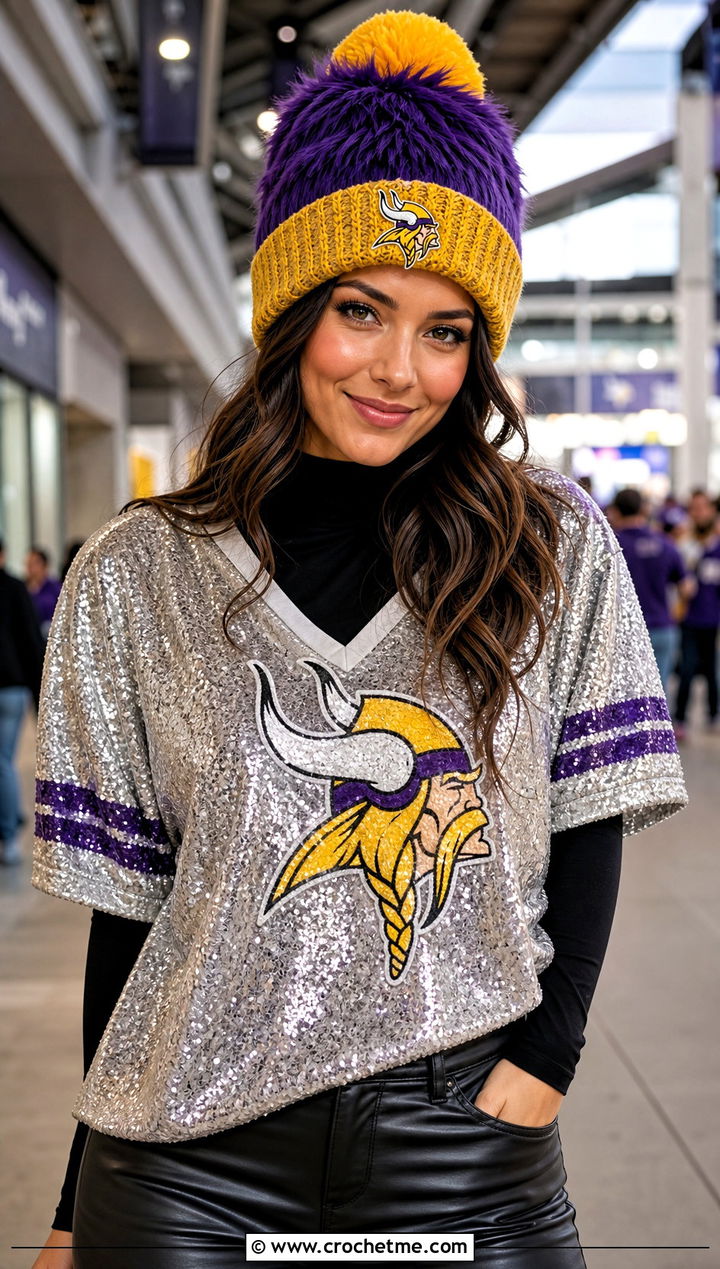 Minnesota Vikings Faux Fur Pom Beanie With Sequin Jersey And Leather Pants - 25 crochet minnesota vikings hat outfit ideas