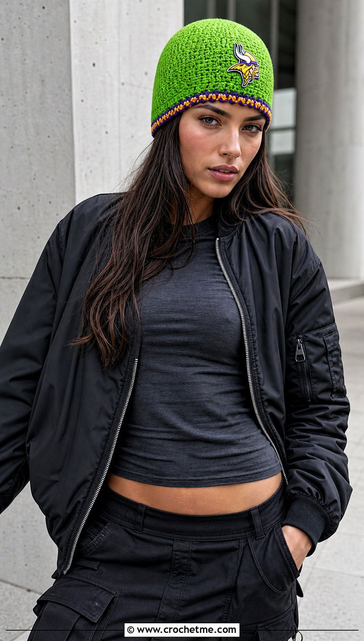 Minnesota Vikings Fitted Skullcap With Bomber Jacket And Cargo Skirt - 25 crochet minnesota vikings hat outfit ideas