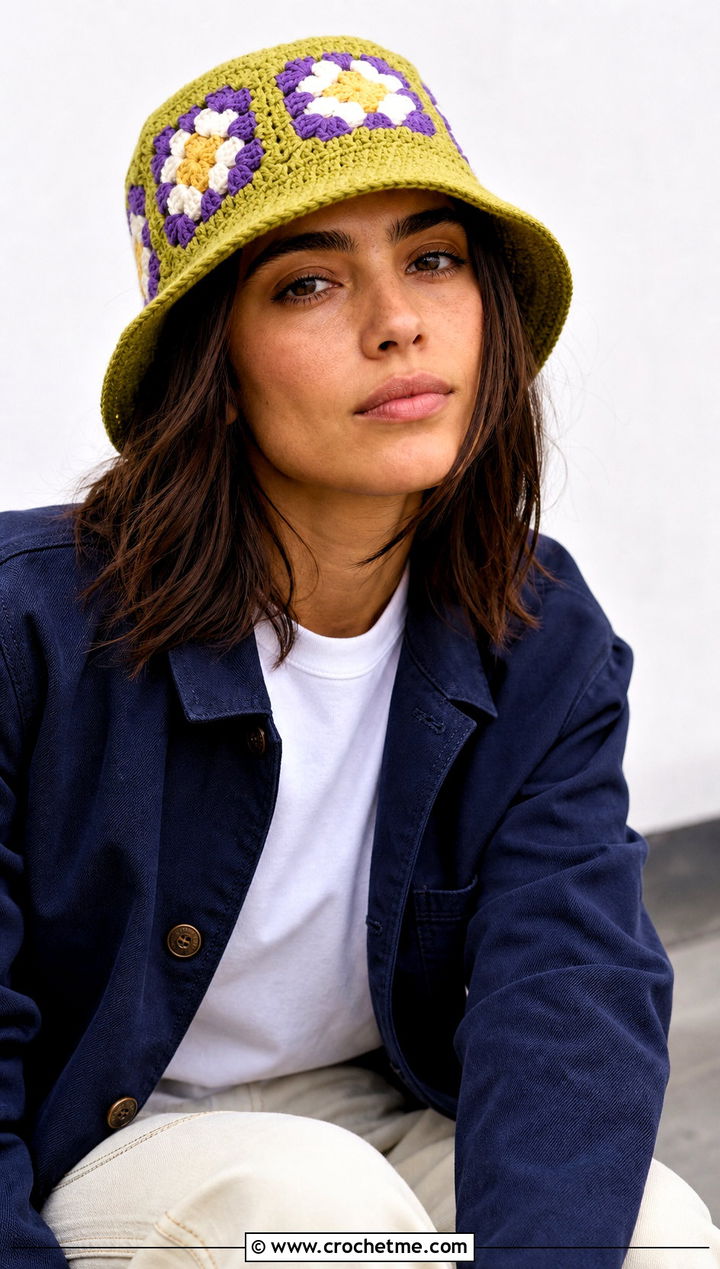 Minnesota Vikings Granny Square Bucket Hat With Chore Coat And Carpenter Pants - 25 crochet minnesota vikings hat outfit ideas