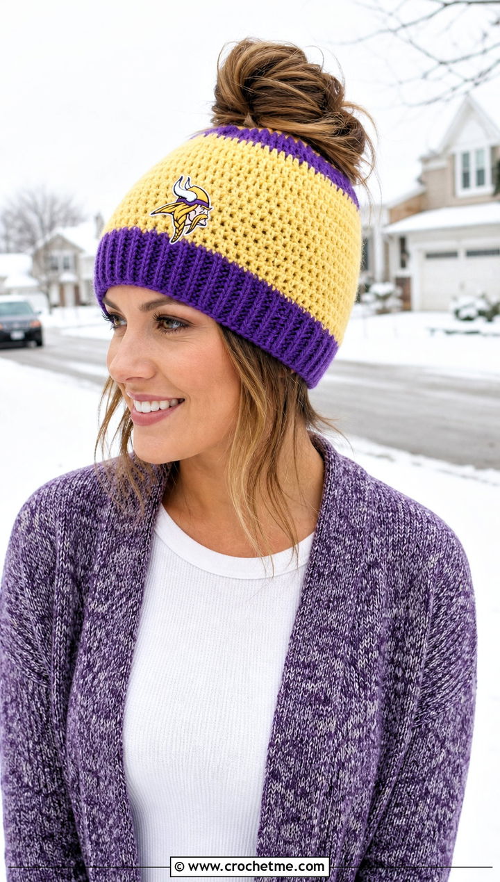 Minnesota Vikings Messy Bun Beanie With Cardigan And Leggings - 25 crochet minnesota vikings hat outfit ideas