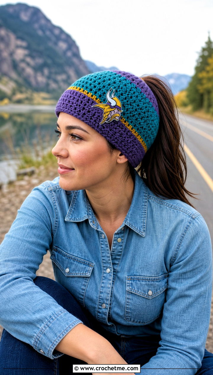 Minnesota Vikings Ponytail Beanie With Denim Shirt And Jeans - 25 crochet minnesota vikings hat outfit ideas