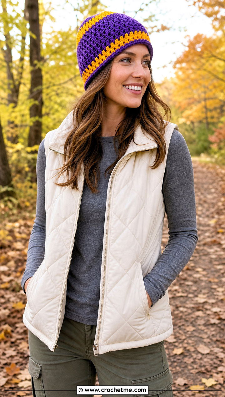 Minnesota Vikings Reversible Crochet Hat With Quilted Vest And Cargos - 25 crochet minnesota vikings hat outfit ideas