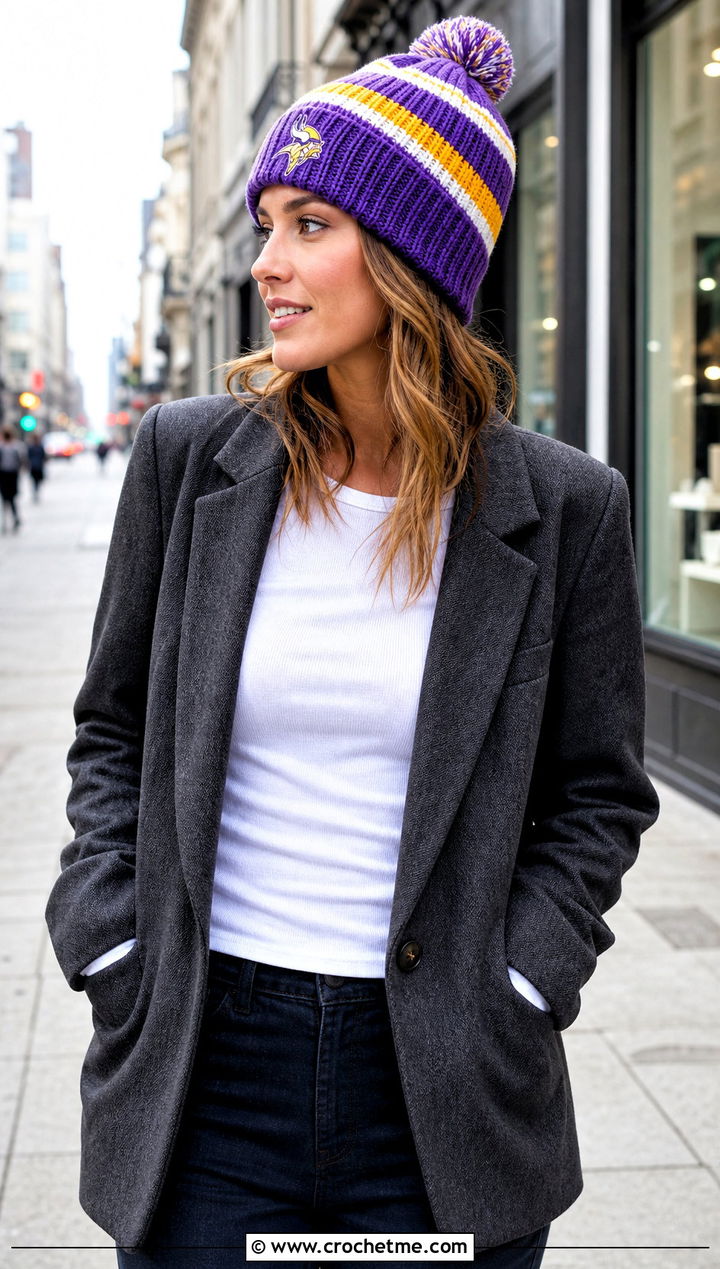 Minnesota Vikings Striped Beanie With Oversized Blazer And Jeans - 25 crochet minnesota vikings hat outfit ideas