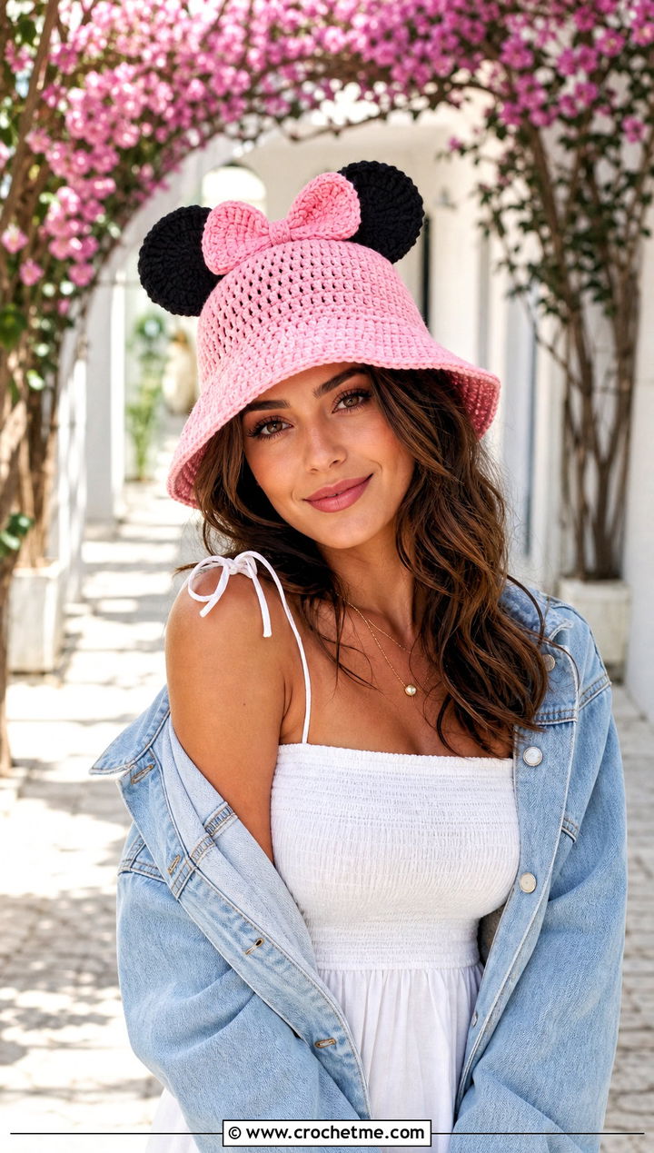 Minnie Mouse Bow Bucket Hat With White Sundress - 30 disney crochet hat outfit ideas