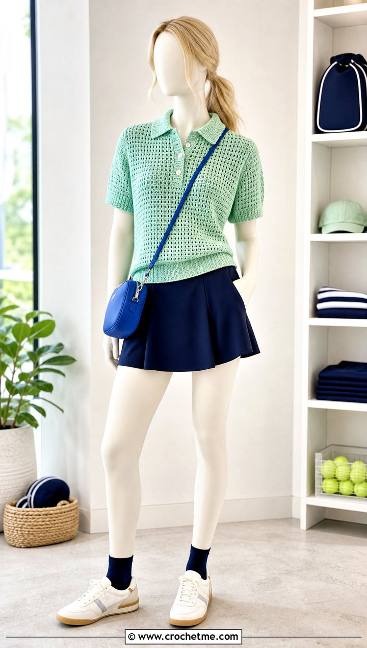 Mint Collared Crochet Sweater With Tennis Skirt - 15 Green Crochet Sweater On Mannequin outfit ideas