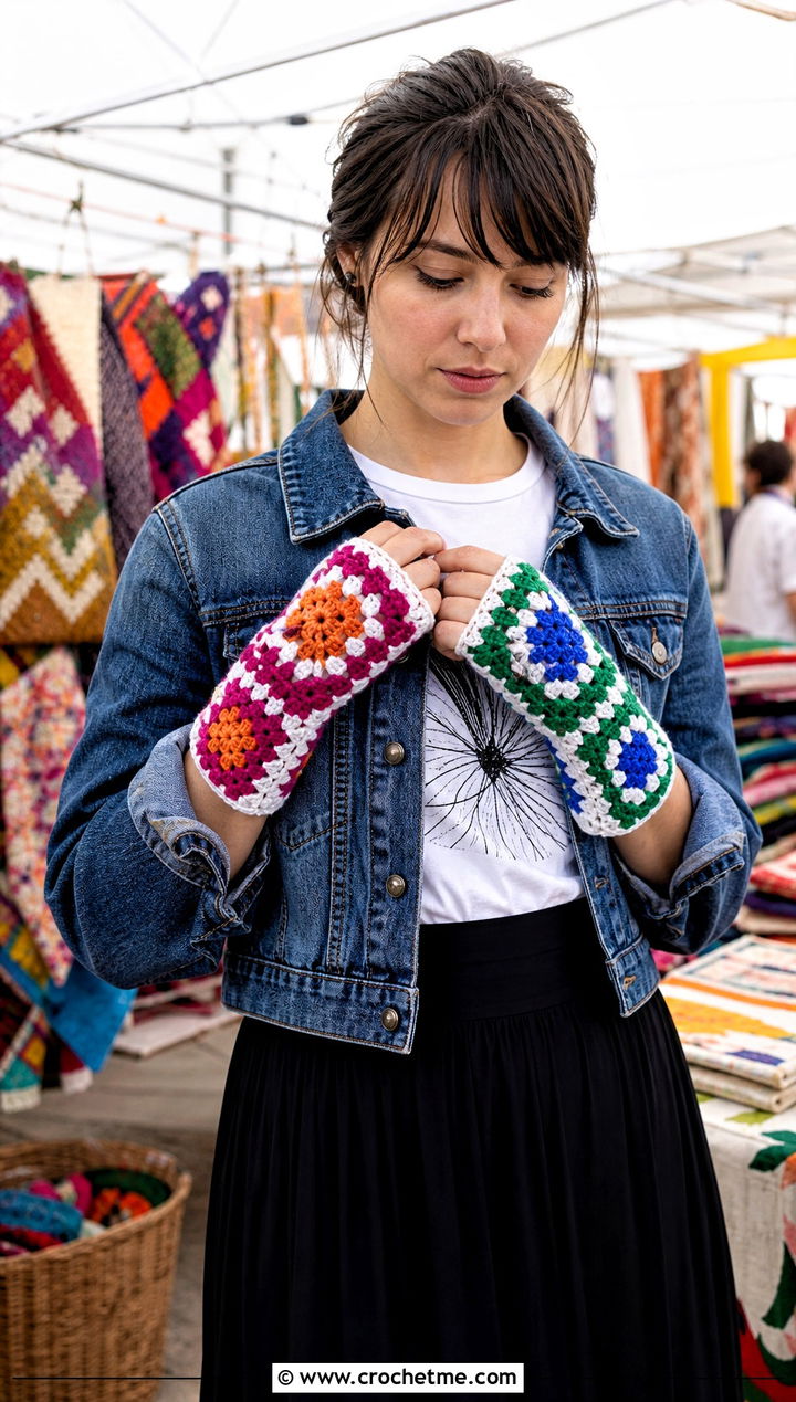 Mismatched Granny Square Fingerless Gloves With Graphic Tee - 30 crochet granny square fingerless gloves outfit ideas